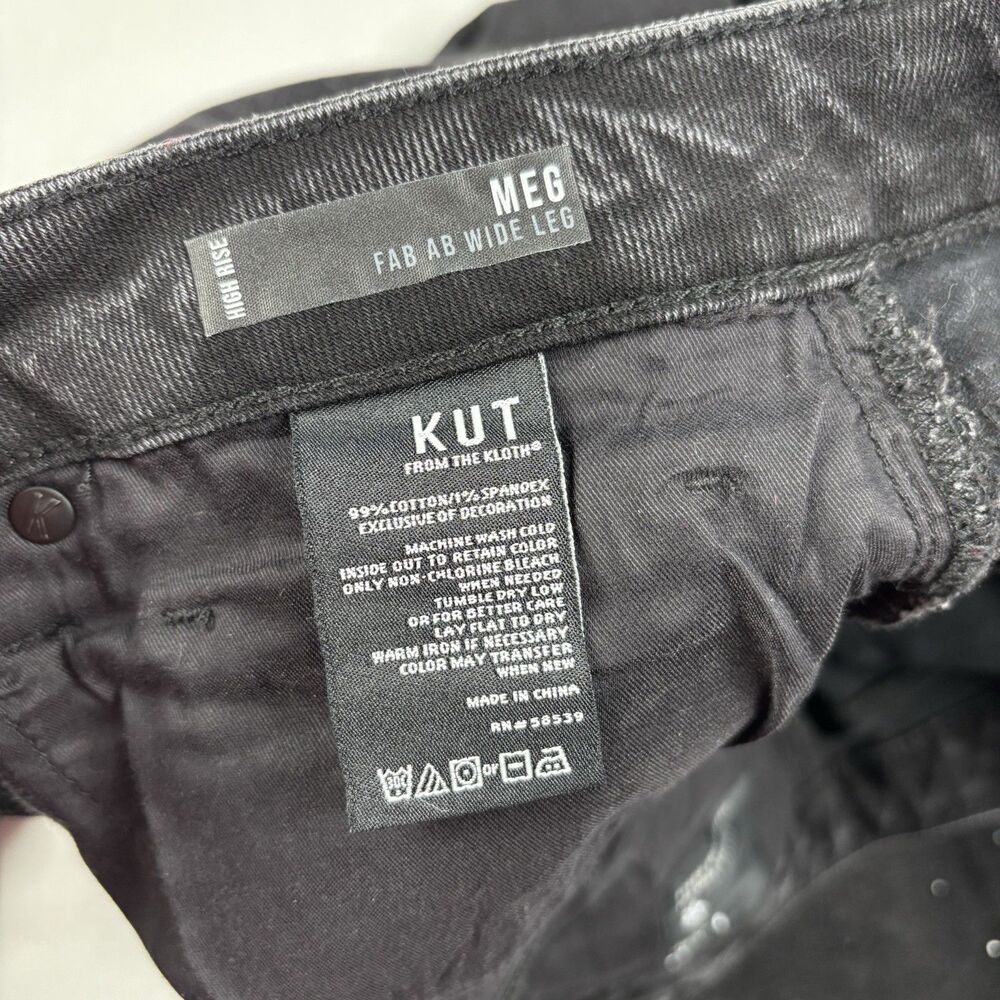 Kut from the Kloth Meg Fab Ab Jeans Womens 12 Black Rhinestone Wide Leg Raw Hem - Picture 8 of 16